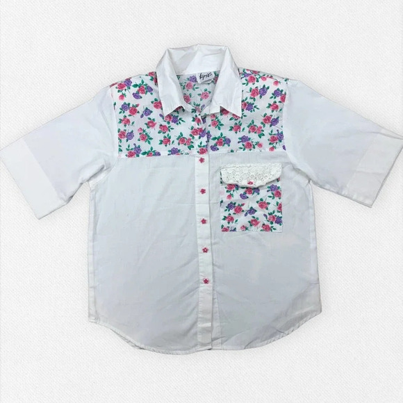 Vintage Tops - Vintage 90's Western Floral Button Up Short Sleeve Top Pink Purple White Small
